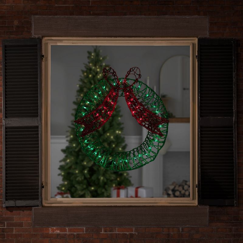 Northlight 20" Green and Red Lighted Wreath and Bow Christmas Window Silhouette Decoration, 2 of 6