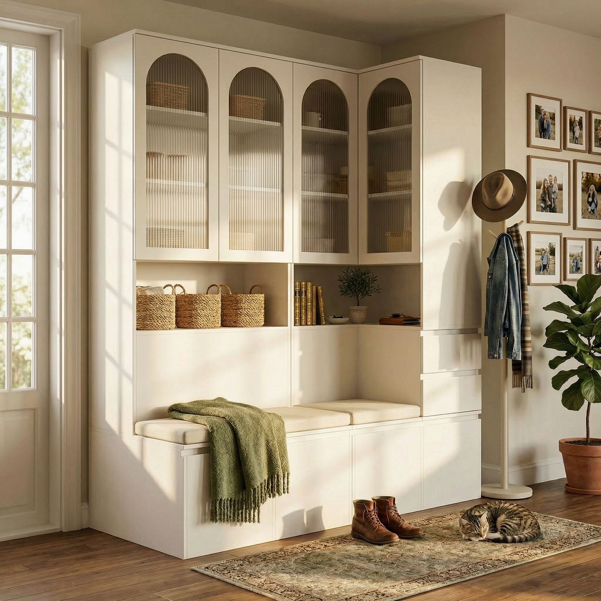 Famapy Multi-Functional Corner Storage Cabinet with Cushioned Storage Bench: 78.7"H,Reeded Glass Doors,Open Shelves & Drawers Home Organizer
