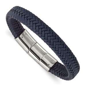 Black Bow Jewelry 12mm Stainless Steel Navy Blue Braided Leather Adj Bracelet, 7.75 Inch - 1 of 4