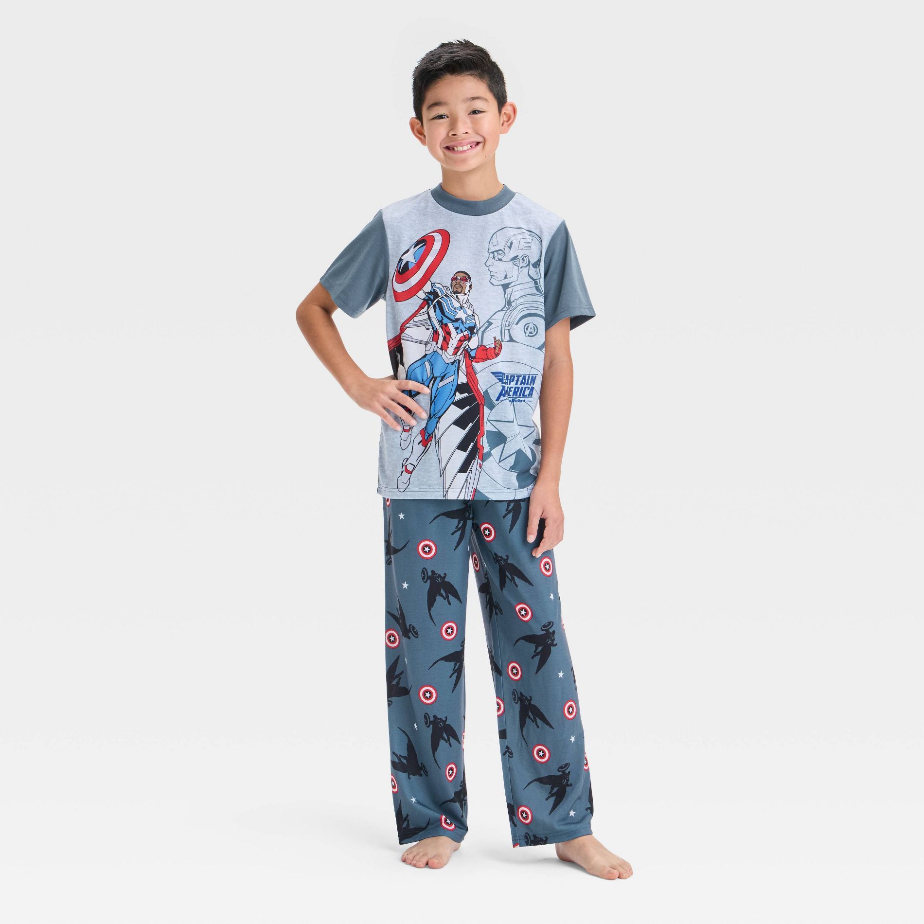 Boys' Captain America 3pc Pajama Set - Gray S: Marvel Sleepwear, Polyester Crew Neck