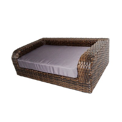 Large Brown Rattan Pet Sofa with Gray Cushion