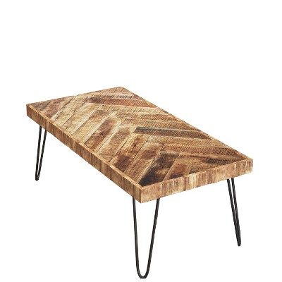 Mindful Living Rustic Farmhouse Mid Century Modern Fusion Mango Wood Top and Iron Hairpin Legs Chevron Pattern Rectangular Accent Coffee Table, Beige