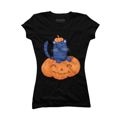 Junior's Design By Humans Halloween Cat In A Pumpkin By wubbadub T-Shirt