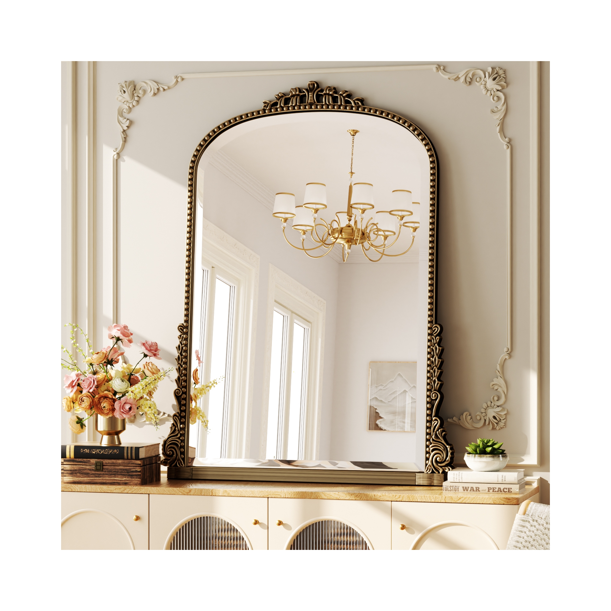 BEAUTYPEAK 40"x28" Arched Bathroom Mirror, Antique Beaded Frame for Vanity & Entryway