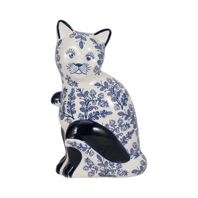 Sagebrook Home 8" Ceramic Cat Sculpture - Contemporary Vintage Style Chinoiserie Blue and White Floral Sitting Cat Statue - Cat Lover Gift - Home and