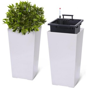 Planter Set of 2, Indoor ＆ Outdoor Black Taper Planter with Shelf Insert, Self-Absorbing Plastic Flower Pots, Large Resin Plant Pots - 1 of 4