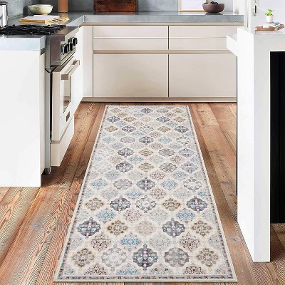 Retro Oriental Rhombus Printed Distressed Rug Washable Thin Low Pile Area Rugs for Living Room Indoor Non Slip Soft Carpet for Bedroom