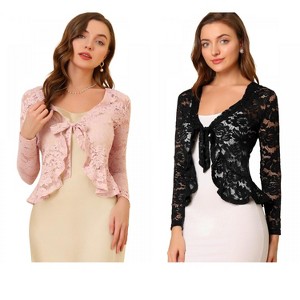 Allegra K Women's Tie Front Ruffled Hem Floral Lace Sheer Crop Bolero Shrug 2 Packs - 1 of 4