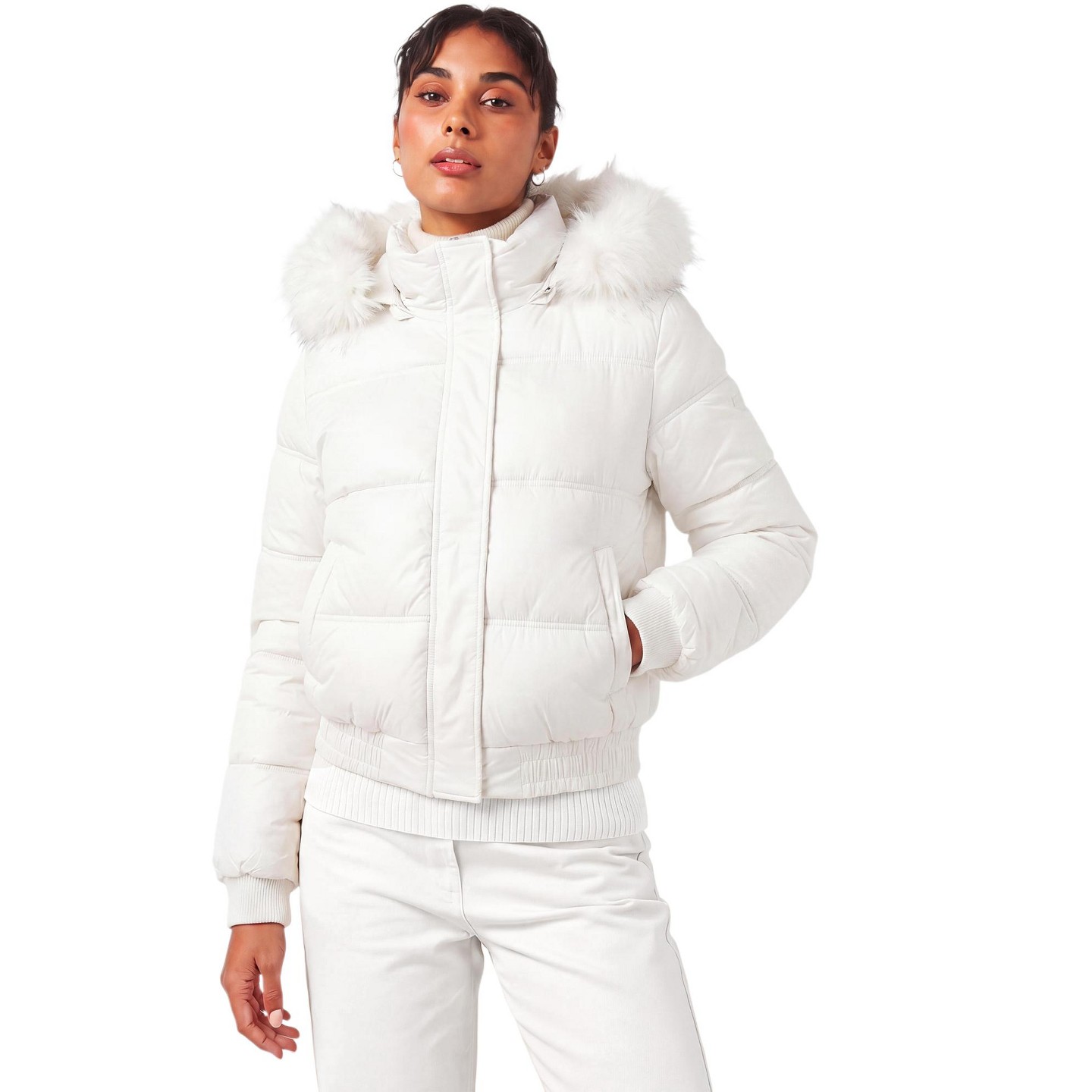 Женские куртки INSPIRE CHIC Faux Fur Trim Hooded Cropped Hidden Button Zip Up Elastic Hem Quilted Coats X Small White, цвет: Белый — фото 1
