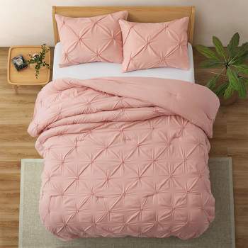 Peace Nest 3 Pieces Pinch Pleat Comforter and Pillowcases Set, Soft Lightweight Fluffy All Season Bedding Set, Pink, Twin