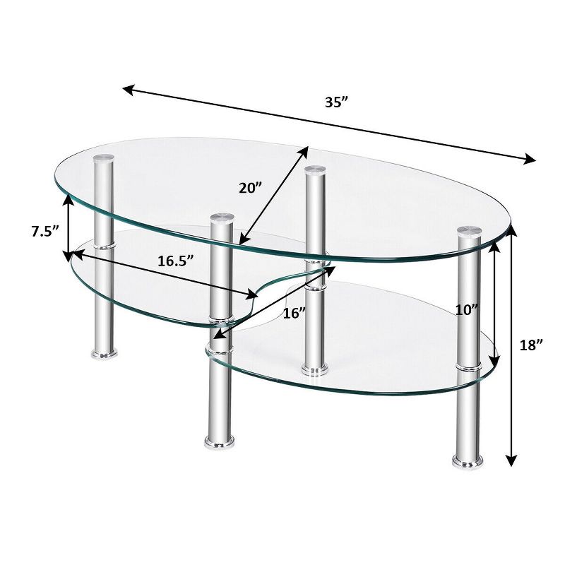 Costway Tempered Glass Oval Side Coffee Table Shelf Chrome Base Living Room Clear, 2 of 13
