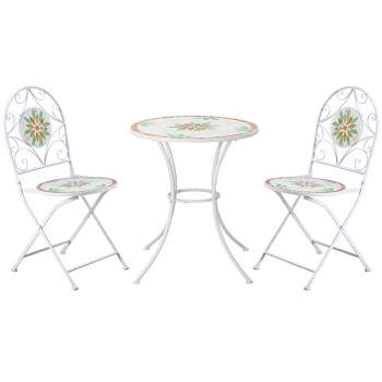Outsunny 3 Piece Patio Bistro Set, Metal Folding Chairs, Foldable Outdoor Dining Table, Stone Flower Mosaic Spring Flower Pattern, White