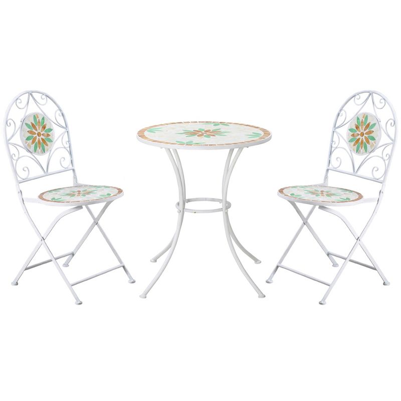 Outsunny 3 Piece Patio Bistro Set, Metal Folding Chairs, Foldable Outdoor Dining Table, Stone Flower Mosaic Spring Flower Pattern, White, 1 of 7