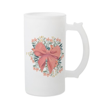 Elanze Designs Freezable Beer Stein Mug With Thumb Grip Handle, 16 Ounce Frosted Glass, Pink Bow Floral