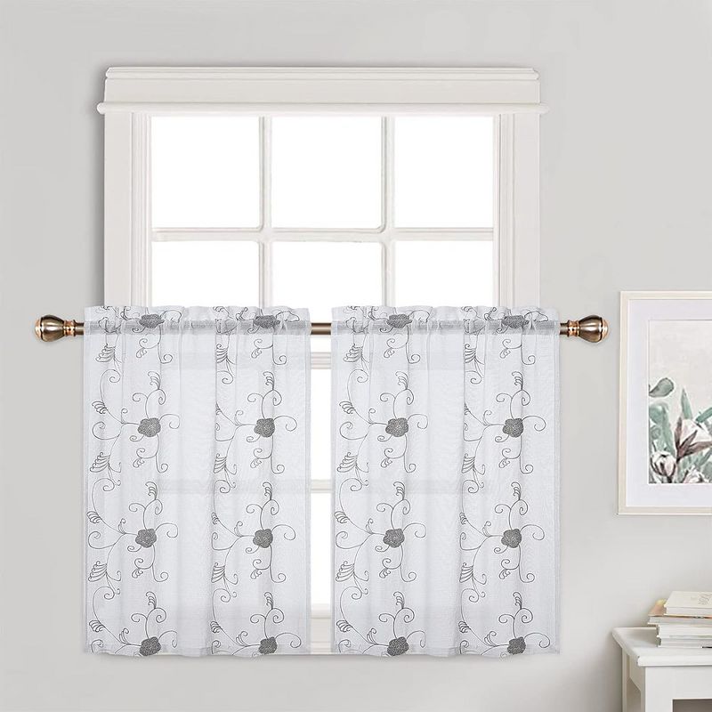 Floral Embroidered Voile Sheer Kitchen Tier Curtains or Valances, 1 of 6