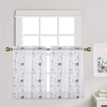 Floral Embroidered Voile Sheer Kitchen Tier Curtains or Valances