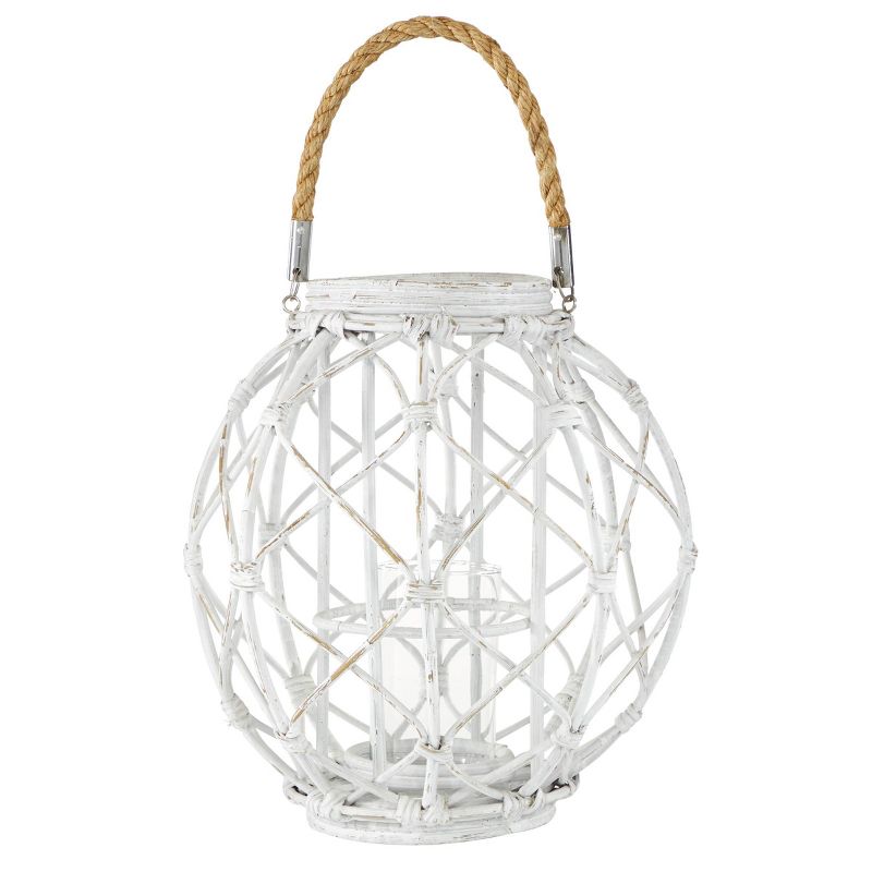 15&#34; x 15&#34; Woven Rattan/Glass Lantern with Burlap Jute Rope Handle White - Olivia &#38; May, 6 of 7
