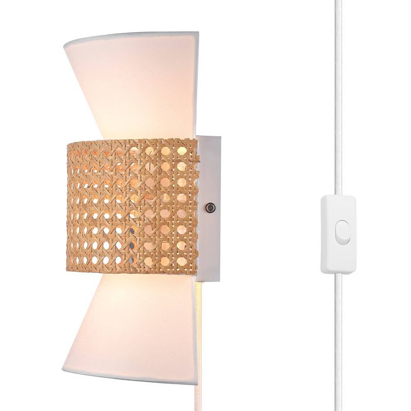 Ayla 2-Light Plug-In or Hardwire Wall Sconce with White Fabric Shade and Rattan Accent - Globe Electric, 5 of 9