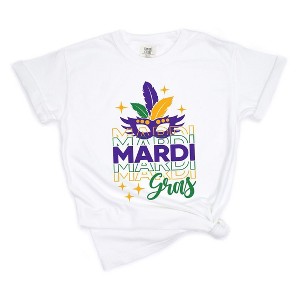 Simply Sage Market Women's Mardi Gras mask Sparkle Short Sleeve Garment Dyed Tee - 1 of 3