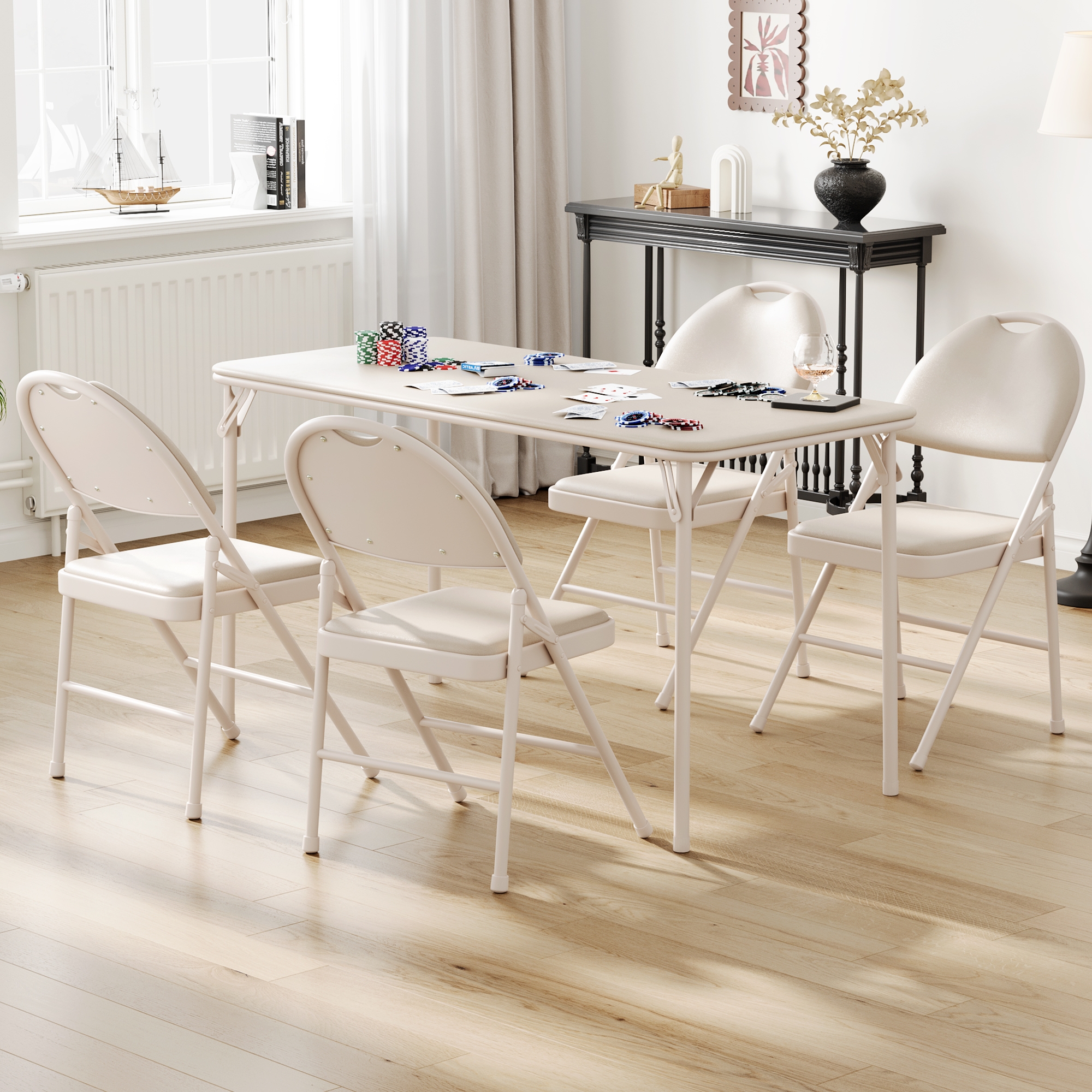 COZONY 5 Piece Foldable PU Upholstered Card Table and Chairs, Portable Folding Table and Chairs Set, for Dining Room, Office, Camping, Beige
