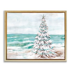Stupell Industries Snowy Christmas Tree on Beach Floating Frame Canvas Art, Gold, 21" x 17" - 1 of 4