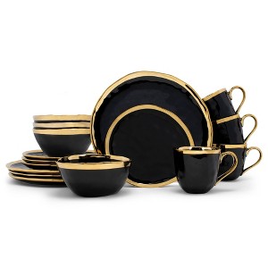 Elanze Designs 16-Piece Metallic Bubble Porcelain Ceramic Plates Bowls Mugs Dinnerware Set - Service for 4, Black With Gold Accents - 1 of 4