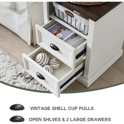 White and Brown Wood Nightstand with Charging Station and 2 Drawers