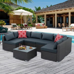 7 Piece Wicker Outdoor Patio Furniture Conversation Set,Rattan Sectional Sofa with Coffee Table,Wicker Garden Sofa Set with Cushions-Coolbibila - 1 of 4