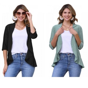 INSPIRE CHIC Women's 3/4 Sleeve Dressy Neck Ruffle Open Front Casual Eyelet Cardigans 2 Packs - 1 of 4