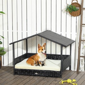 LAOTIES Outdoor Wicker Dog Bed with Canopy,Elevated Rattan Pet Bed with Cushion for Small And Medium Dogs - 1 of 4