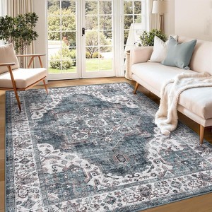 Extra Large 10x13 Blue Rug, Washable Non-Slip Low Pile Vintage Carpet for Living Room, Bedroom, Dining Room, Distressed Floral Thin Floor Cover - 1 of 4