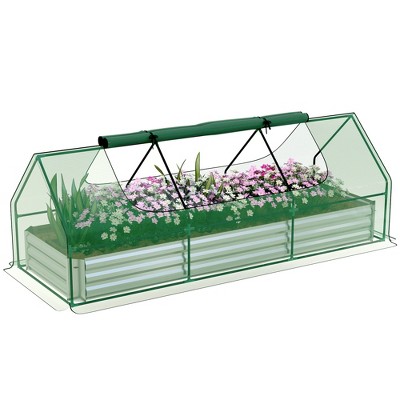 Outsunny Raised Garden Bed with Mini Greenhouse, Steel Outdoor Planter Box with Plastic Cover, Roll Up Window, Dual Use