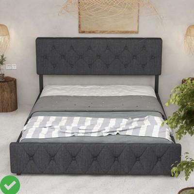 Full Bed/Queen Size Frame w/ Charging Station Wooden Platform w/ Adjustable Headboard Noise Free