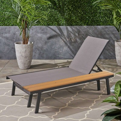 Aluminum Chaise Lounge with Attached Wood Side Table,Adjustable Gray Mesh Outdoor Chaise Lounge Chair,UV Resistant Patio Chaise Lounge-Coolbibila