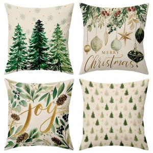 Christmas Throw Pillow Covers 18x18, Christmas Tree Pinecore Snowflake Green and Gold Pillow Cases Set of 4 - 1 of 4