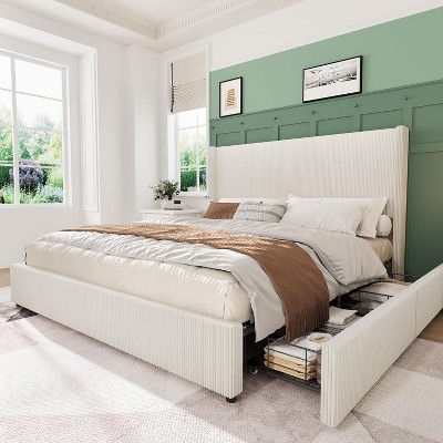 Upholstered Platform Bed Frame with Storage Drawers, Corduroy Wingback with Tufted Headboard and Footboard, No Box Spring Needed