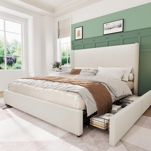 Upholstered Platform Bed Frame with Storage Drawers, Corduroy Wingback with Tufted Headboard and Footboard, No Box Spring Needed - 1 of 4
