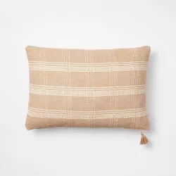 Woven Plaid Lumbar Throw Pillow with Tassel Zipper Camel/Cream -Threshold™ designed with Studio McGee