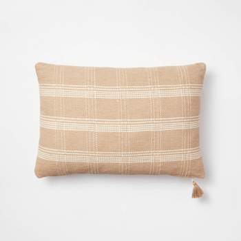 Woven Plaid Lumbar Throw Pillow with Tassel Zipper Camel/Cream -Threshold™ designed with Studio McGee