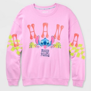 Girls' Juniors Lilo & Stitch Ohana Fleece Crewneck - Pink - 1 of 3