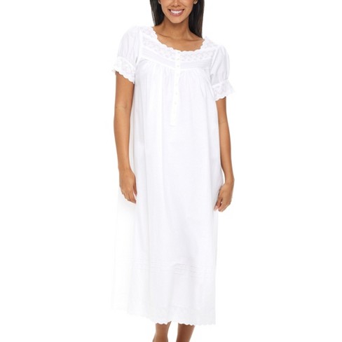 ADR Women's Cotton Victorian Nightgown, Amelia Short Sleeve Lace Trimmed  Button Up Long Night Dress White X Large