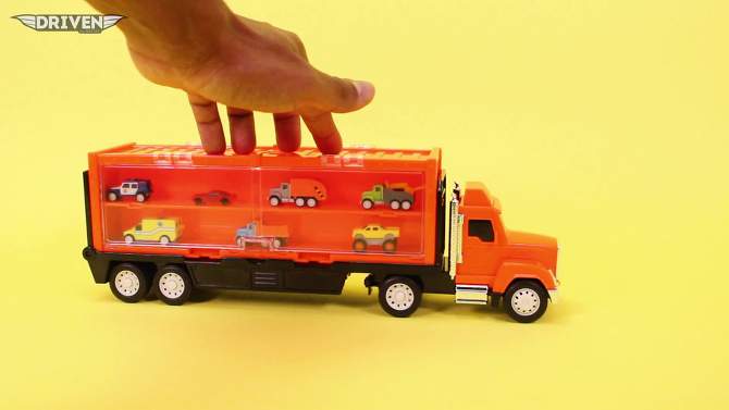 DRIVEN by Battat &#8211; Orange Mini Toy Car Carrier Truck &#8211; Pocket Transport, 2 of 9, play video