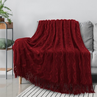 Wine Red Knitted Fleece Throw Blanket with Fringe