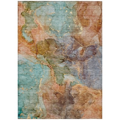 Copper Orange And Teal Blue Abstract Washable Indoor Outdoor Area Rug