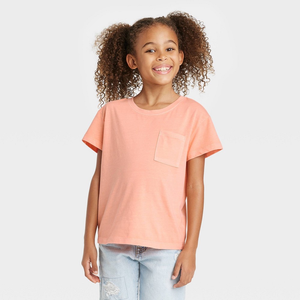 Girls' Short Sleeve Pocket T-Shirt - Cat & Jack™ Peach L Plus