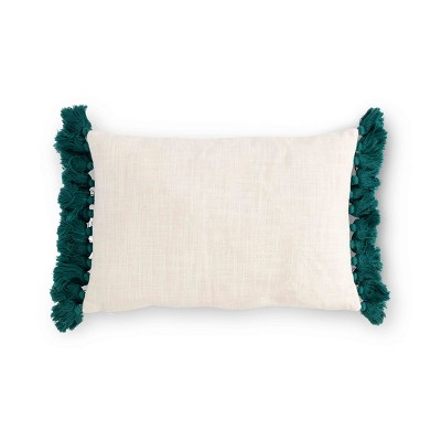 Free Bird Embroidered Cotton Pillow with Green Tassels
