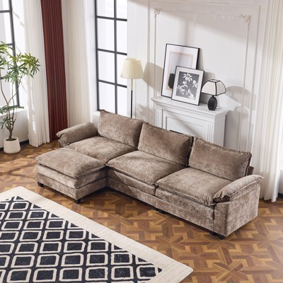 Karl Home |85.4 in. W Pillow Top Arm Double-layer Cushion Chenille Sofa in Brown With Ottoman