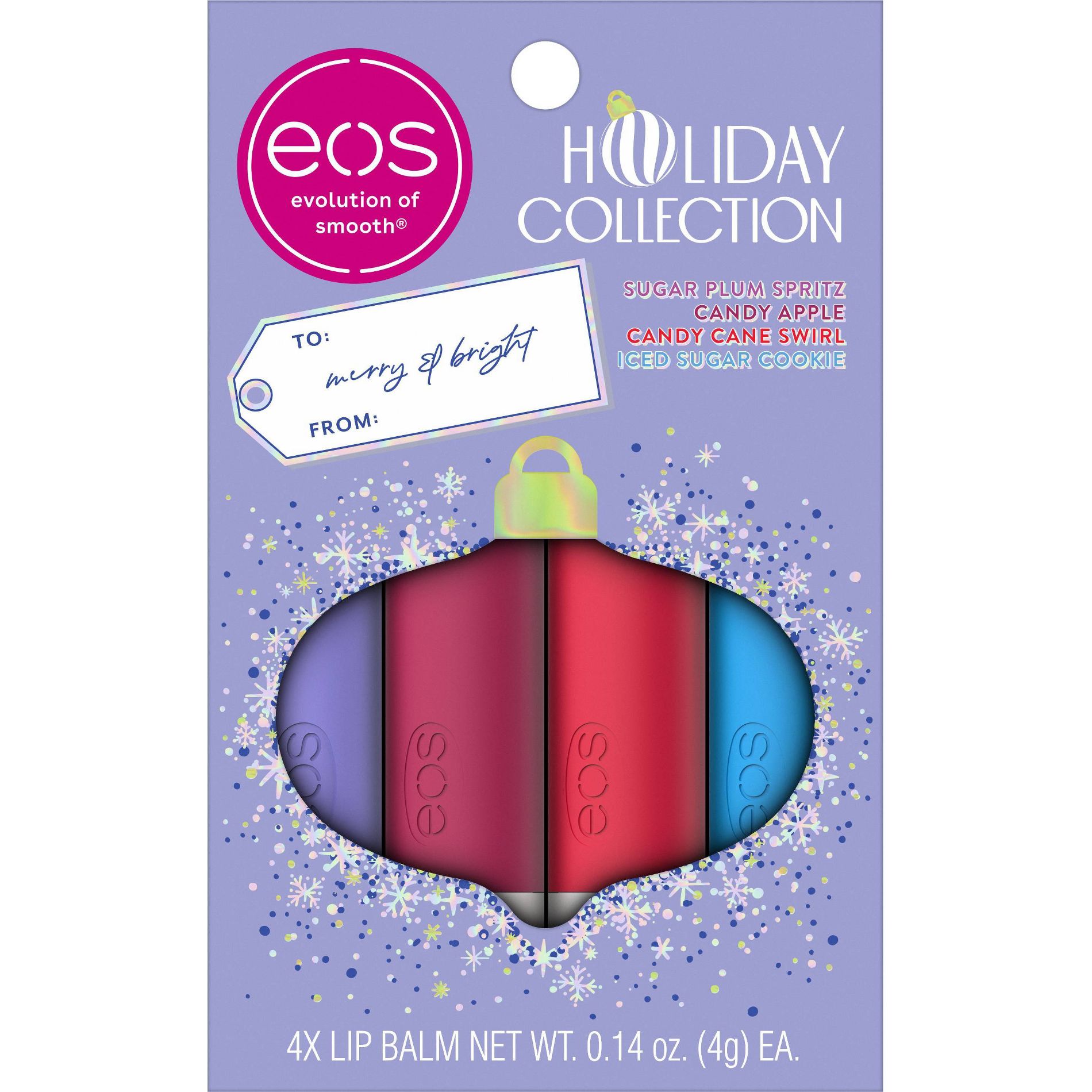 eos Holiday Lip Balm Variety - Sugar Plum Spritz, Iced Sugar Cookie, Candy Apple, Candy Cane Swirl - 0.56oz/4pk
