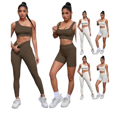 INSPIRE CHIC Women's 6 Sets Exercise Outfits Scoop Neck One Shoulder High Waist Gyms Body Shapers Workout Set