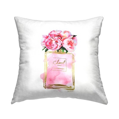 Stupell Industries Pink Peonies in Pink Fashion Fragrance Bottle Printed Pillow, 18 x 18